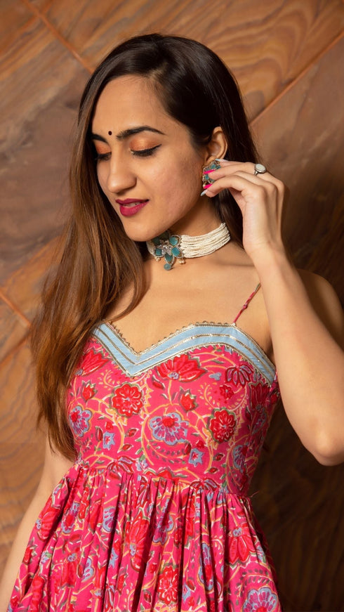 Pomcha Jaipur Adhya Floral Hand Block Pure Cotton Anarkali Set